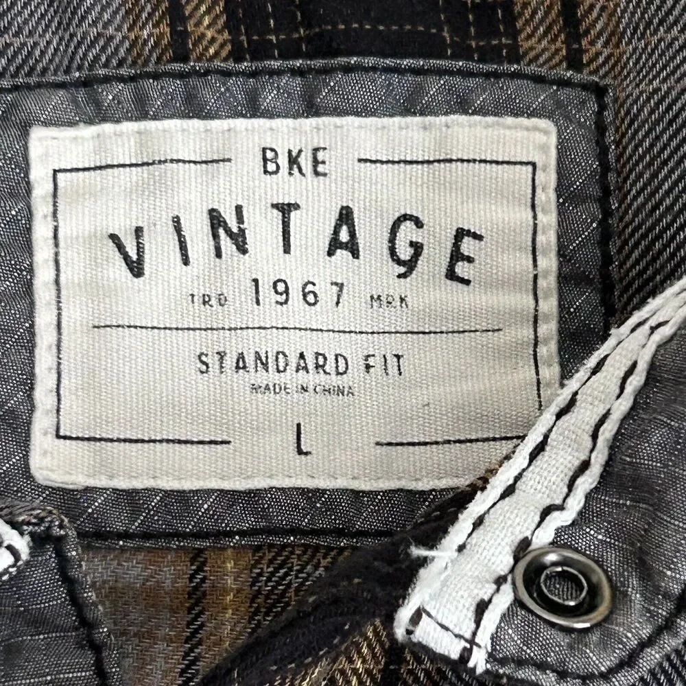 BKE Vintage Shirt Mens Large Brown Plaid Snap Yoke Spread Collar Point Pockets - Picture 2 of 14